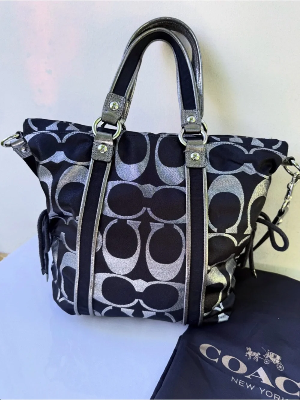 Coach Poppy Metallic Signature Satchel — Glitter Tag + Silver Hangtag + Dust Bag